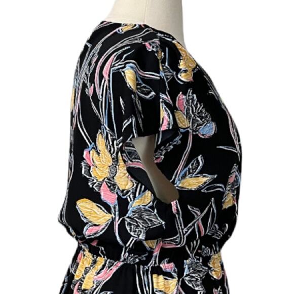Halogen Women's Dress Elastic Waist V Neck Wrap Black Yellow Floral Size XL - Picture 7 of 10